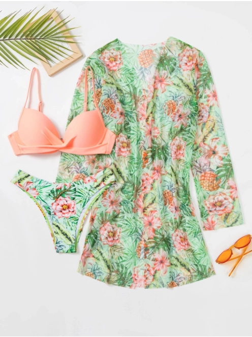 Pastel Paradise - 2 részes bikini szett strandkimonóval -  Barackrózsaszín