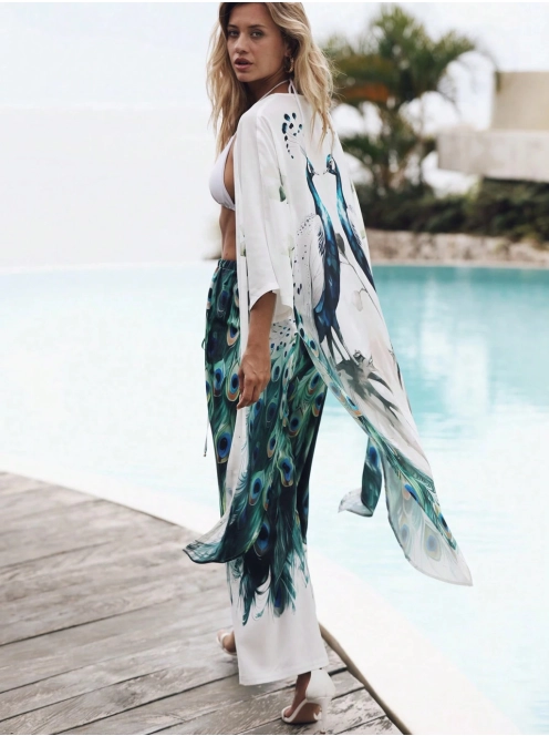 Peacock Paradise | Beach Lounge szett | Strandkimonó nadrággal