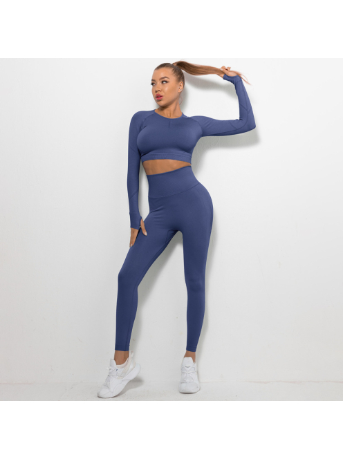 Bubble Butt női Fitness Edzőszett | Leggings & Hosszú Ujjú, Fitness felső (indigókék)