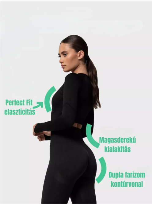 Bubble Butt női Fitness Edzőszett | Leggings & Hosszú Ujjú, Fitness felső (fekete)