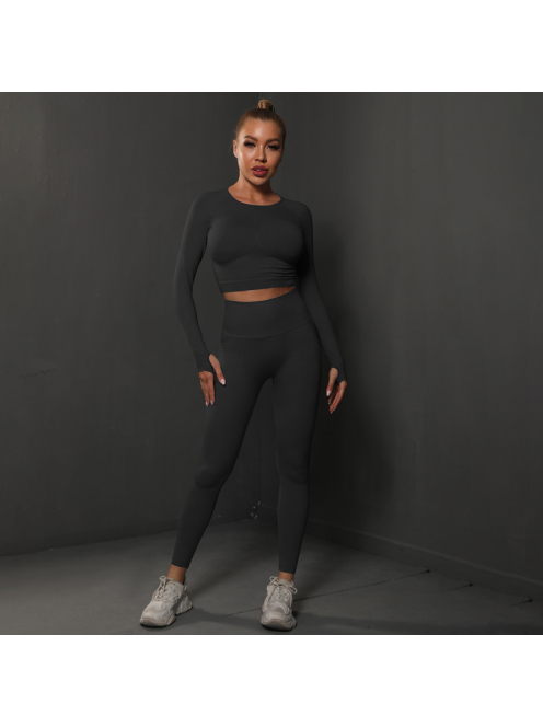 Fenomenica női Fitness Edzőszett | Leggings & Hosszú Ujjú, Fitness felső (Onyx fekete)