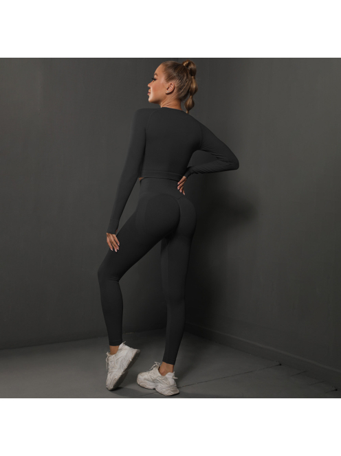 Fenomenica női Fitness Edzőszett | Leggings & Hosszú Ujjú, Fitness felső (Onyx fekete)