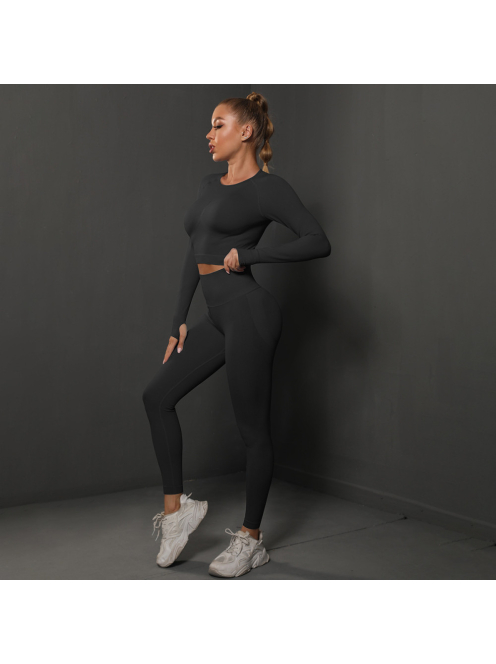 Fenomenica női Fitness Edzőszett | Leggings & Hosszú Ujjú, Fitness felső (Onyx fekete)