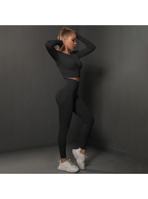 Fenomenica női Fitness Edzőszett | Leggings & Hosszú Ujjú, Fitness felső (Onyx fekete)