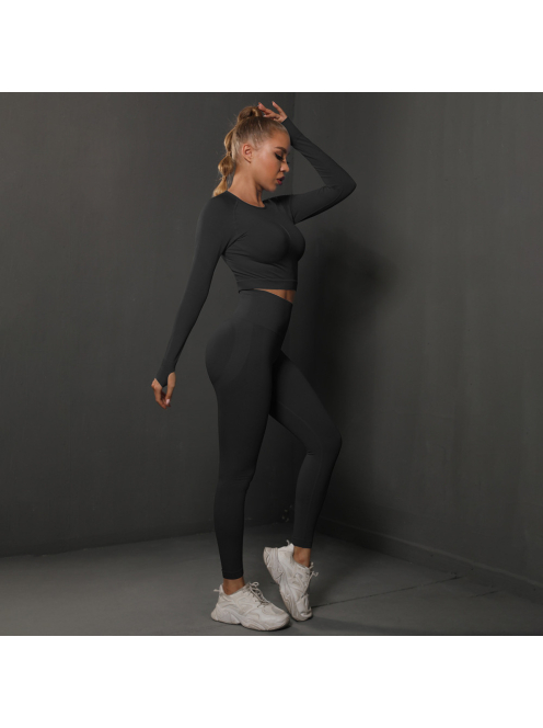 Fenomenica női Fitness Edzőszett | Leggings & Hosszú Ujjú, Fitness felső (Onyx fekete)