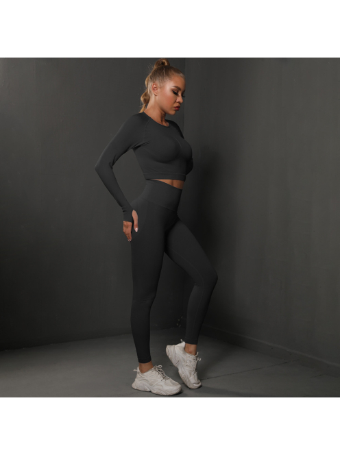 Fenomenica női Fitness Edzőszett | Leggings & Hosszú Ujjú, Fitness felső (Onyx fekete)