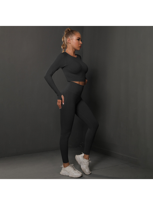 Fenomenica női Fitness Edzőszett | Leggings & Hosszú Ujjú, Fitness felső (Onyx fekete)