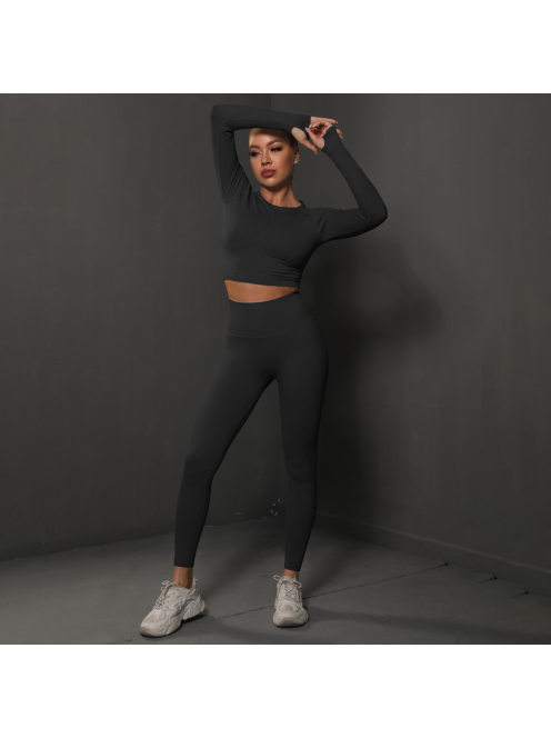 Fenomenica női Fitness Edzőszett | Leggings & Hosszú Ujjú, Fitness felső (Onyx fekete)
