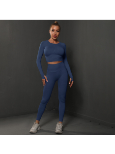   Fenomenica női Fitness Edzőszett | Leggings & Hosszú Ujjú, Fitness felső (Mélykék)