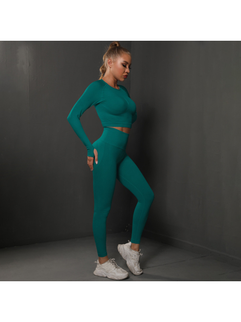 Fenomenica női Fitness Edzőszett | Leggings & Hosszú Ujjú, Fitness felső (Dzsungelzöld)