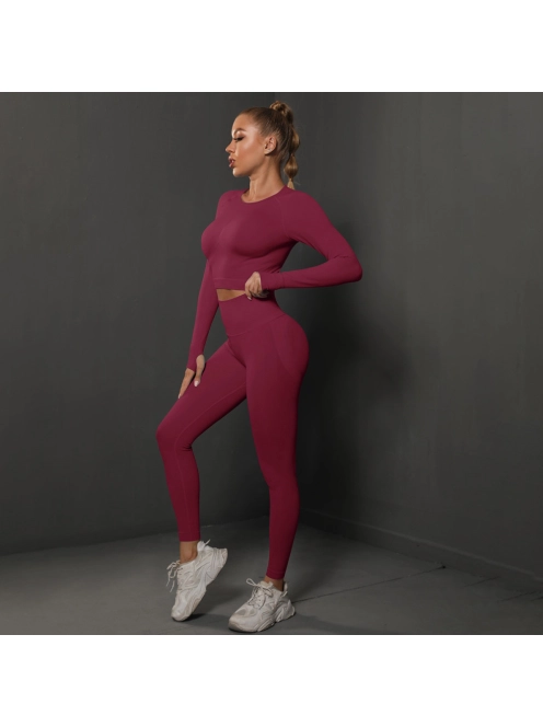 Fenomenica női Fitness Edzőszett | Leggings & Hosszú Ujjú, Fitness felső (Burgundivörös)