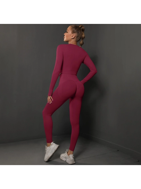 Fenomenica női Fitness Edzőszett | Leggings & Hosszú Ujjú, Fitness felső (Burgundivörös)