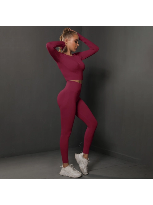 Fenomenica női Fitness Edzőszett | Leggings & Hosszú Ujjú, Fitness felső (Burgundivörös)