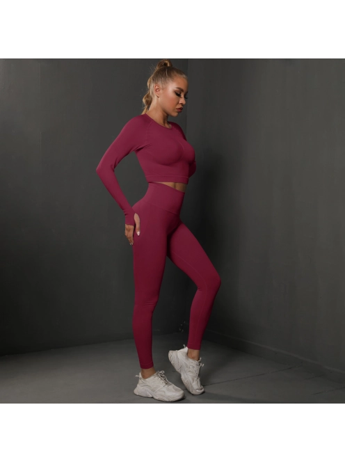 Fenomenica női Fitness Edzőszett | Leggings & Hosszú Ujjú, Fitness felső (Burgundivörös)