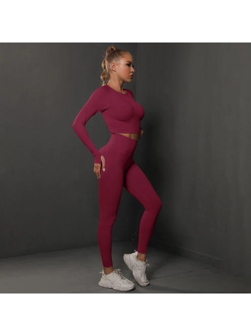 Fenomenica női Fitness Edzőszett | Leggings & Hosszú Ujjú, Fitness felső (Burgundivörös)
