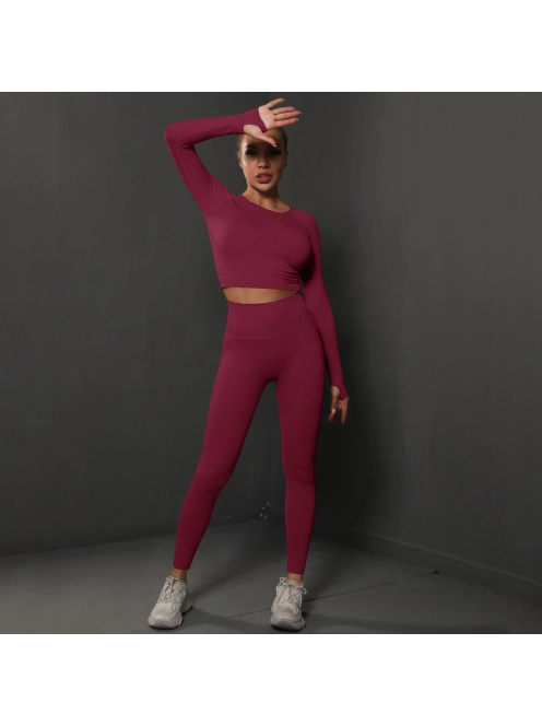 Fenomenica női Fitness Edzőszett | Leggings & Hosszú Ujjú, Fitness felső (Burgundivörös)