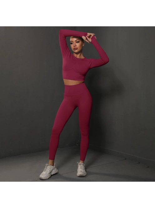 Fenomenica női Fitness Edzőszett | Leggings & Hosszú Ujjú, Fitness felső (Burgundivörös)