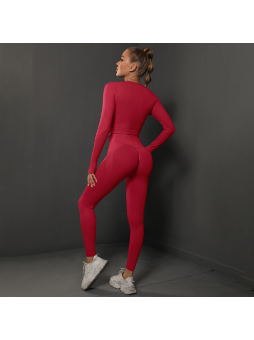 Fenomenica női Fitness Edzőszett | Leggings & Hosszú Ujjú, Fitness felső (Tűzpiros)