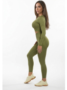 Fenomenica női Fitness Edzőszett | Leggings & Hosszú Ujjú, Fitness felső (Olivazöld)