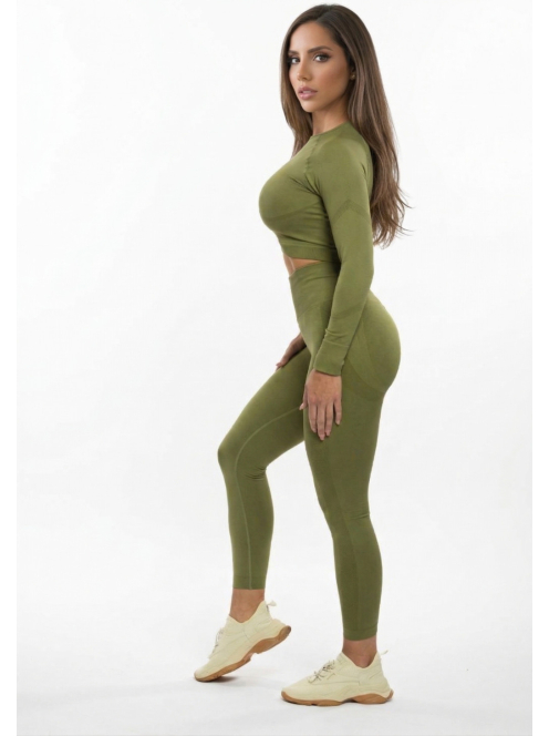 Fenomenica női Fitness Edzőszett | Leggings & Hosszú Ujjú, Fitness felső (Olivazöld)
