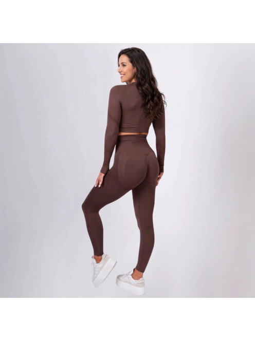 Fenomenica női Fitness Edzőszett | Leggings & Hosszú Ujjú, Fitness felső (Kávébarna)