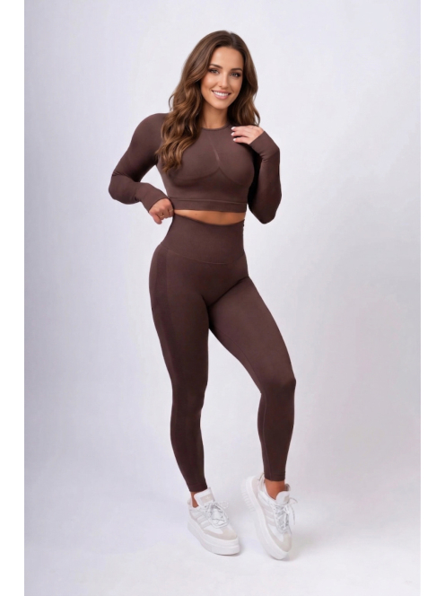 Fenomenica női Fitness Edzőszett | Leggings & Hosszú Ujjú, Fitness felső (Kávébarna)