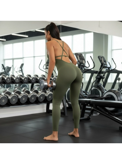 So Simple - Nyitott hátú - Fitness és jóga overál (olivazöld)