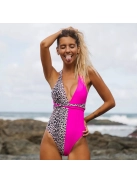 Párducos egyrészes megkötős fürdőruha (pink)