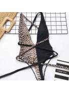 Párducos egyrészes megkötős fürdőruha (fekete)