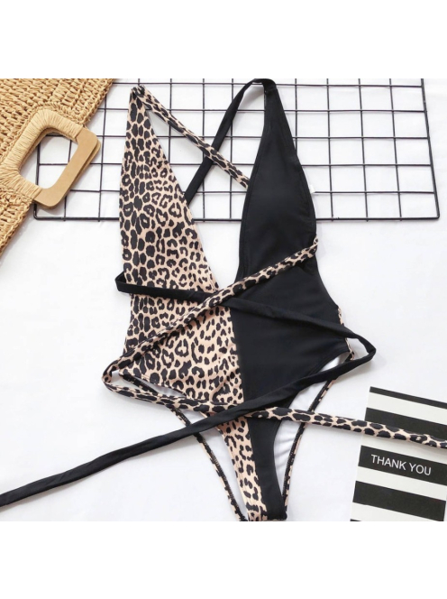 Párducos egyrészes megkötős fürdőruha (fekete)