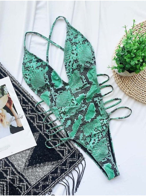 Kígyómintás egyrészes fürdőruha (zöld)