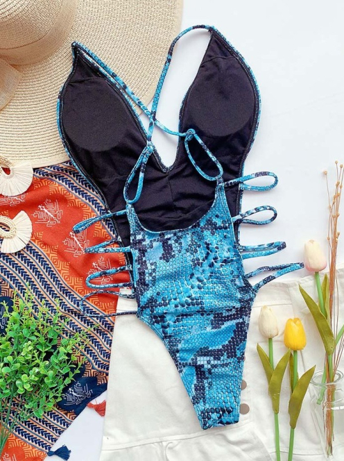 Kígyómintás egyrészes fürdőruha (kék)