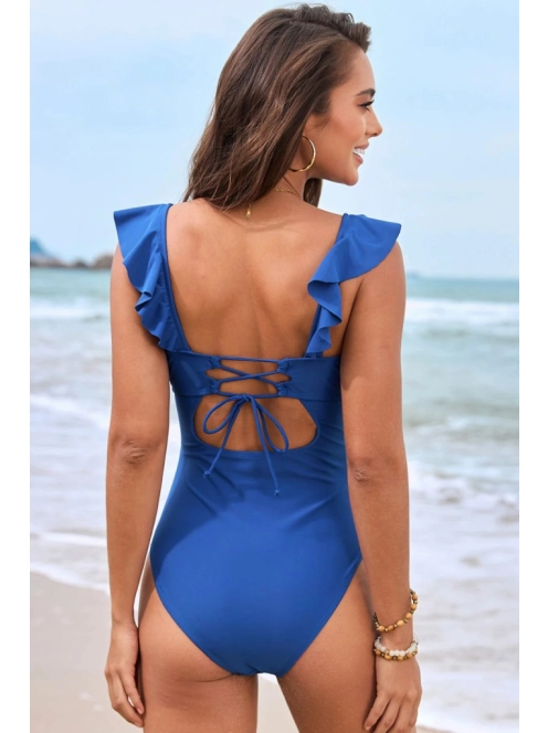 Riviera Ruffles | Royal Blue | Egyrészes mélyen dekoltált fürdőruha