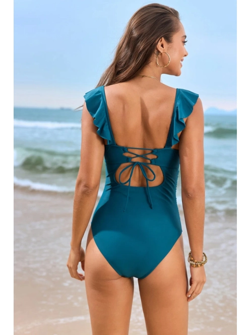 Riviera Ruffles | Deep Jungle | Egyrészes mélyen dekoltált fürdőruha