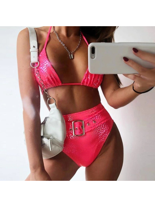 Neon metál hüllőmintás magasderekú biniki (pink)