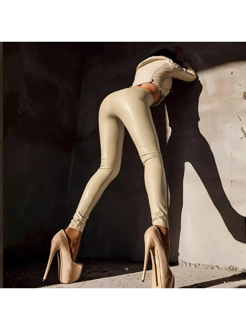 SlimLook bőrhatású ekrü leggings