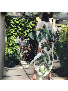 Blue Okopipi - Fehér alapon zöld leveles strandkimonó 